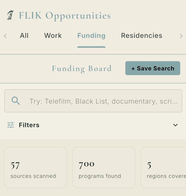 FLIK Studio funding board: 700 programs across 57 sources