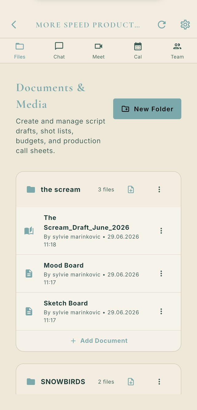 FLIK Studio production workspace for scripts, documents and media
