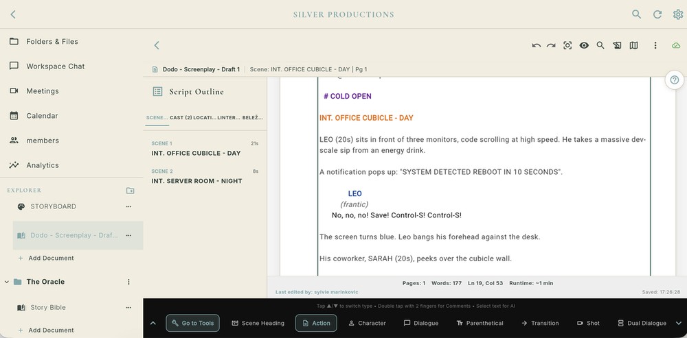 FLIK Studio screenwriting editor on the web